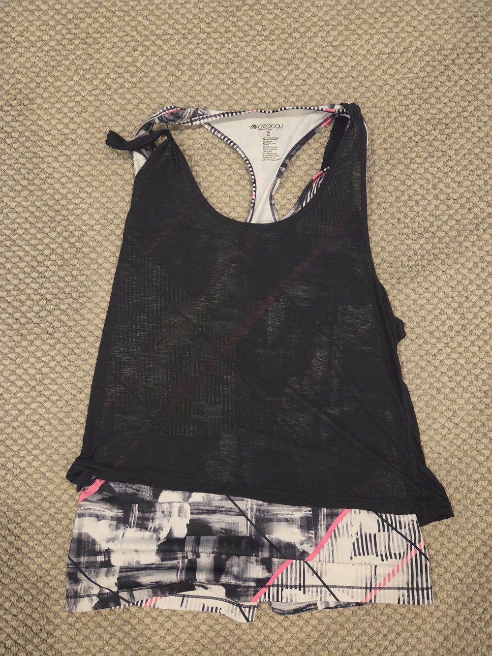 Ideology Black Sheer Layered Racerback Tank with Abstract Print Sz XL